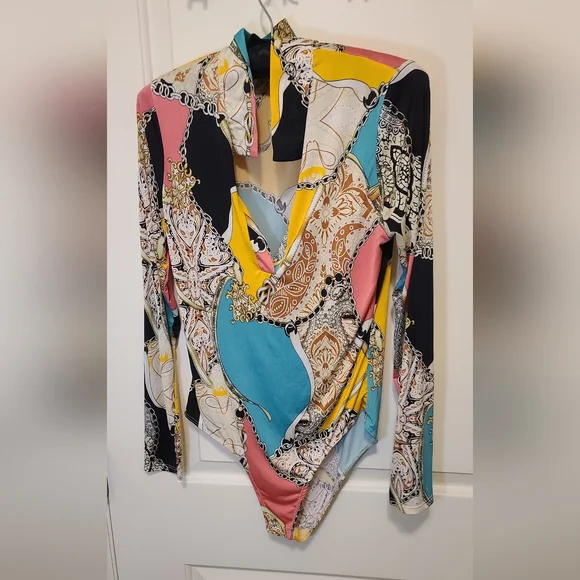 Fashion Nova Chain Print Scarf Bodysuit-long Sleeve-vibrant-multi Size M - Picture 3 of 11